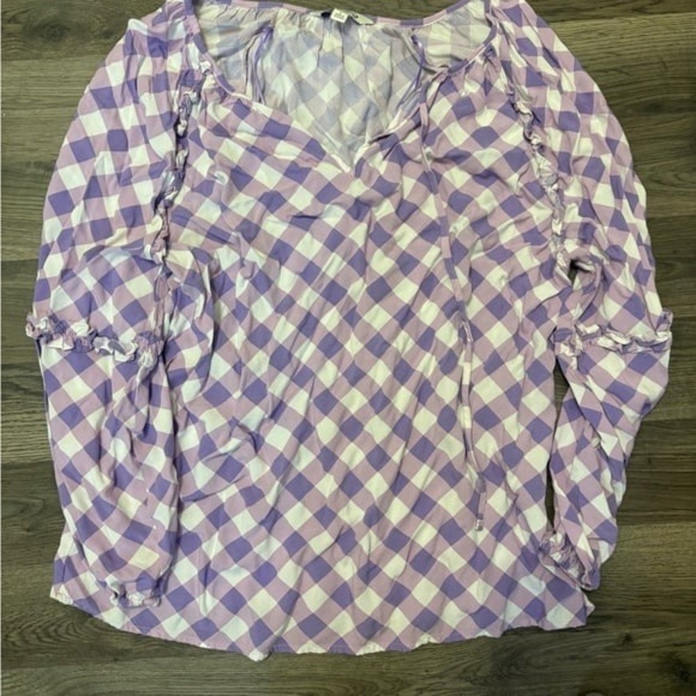 The Pioneer Woman Womens Size L Gingham Plaid Tunic Top Blouse Purple White - Picture 2 of 2